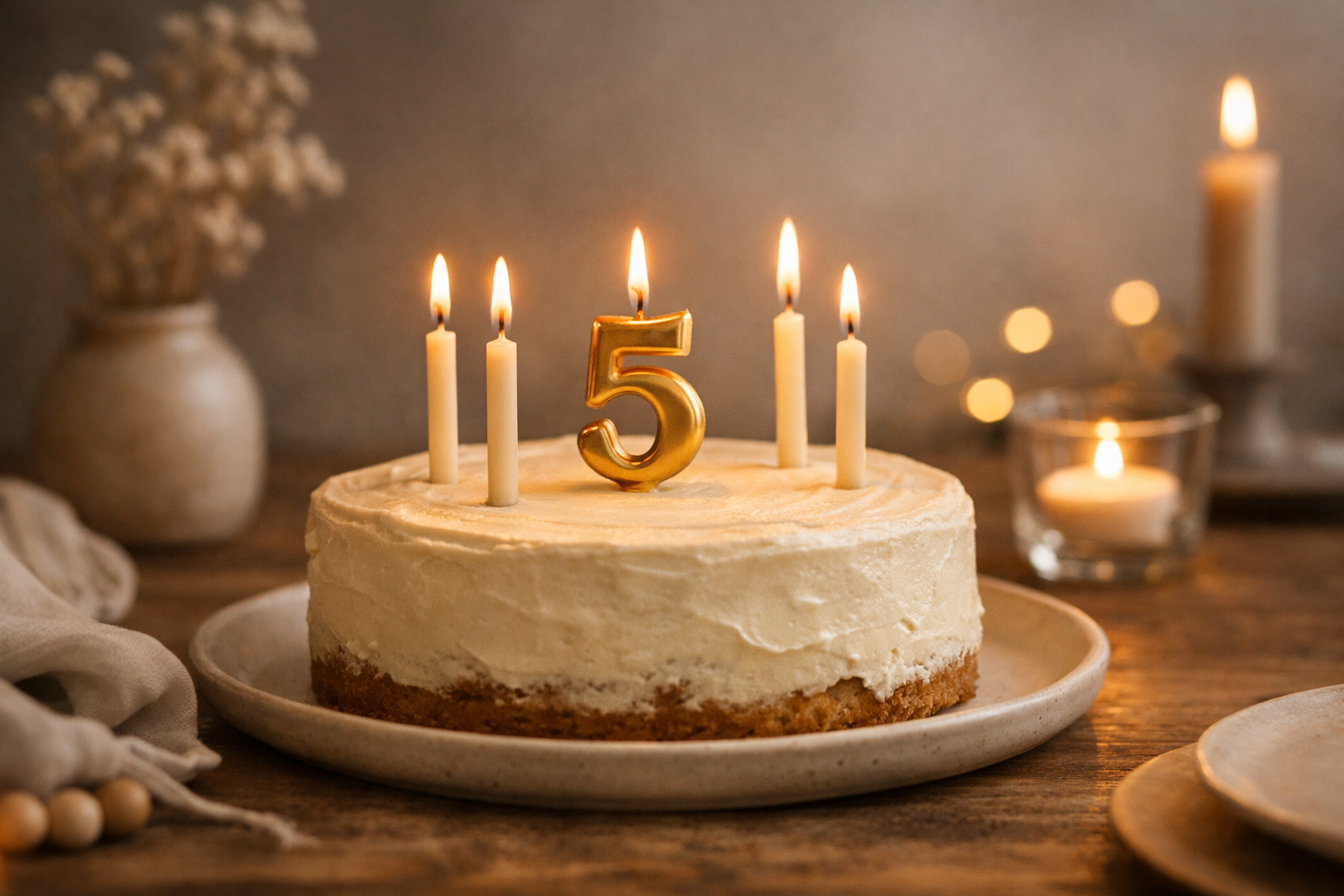 Geburtstagskerzen mit goldener Zahlenkerze 5 auf Geburtstagstorte