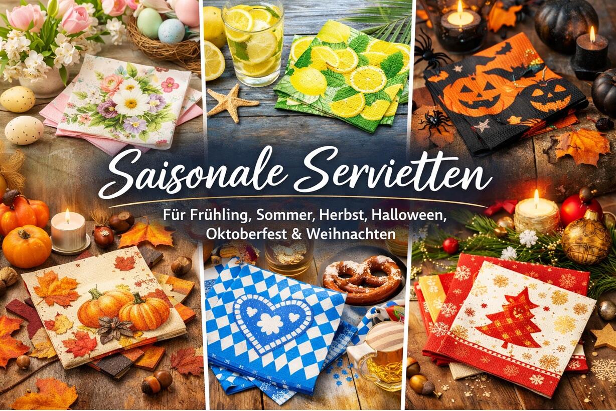 Saisonale Servietten für Frühling, Sommer, Herbst, Halloween, Oktoberfest und Weihnachten